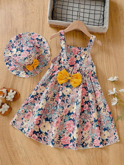 Vestido floral multicolor con sombrero