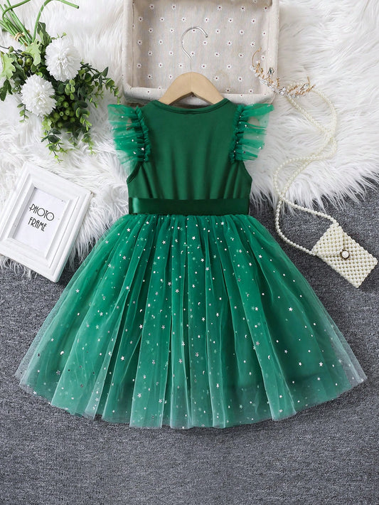 Prenda verde vestido para bebe vista trasera con falda de tul

