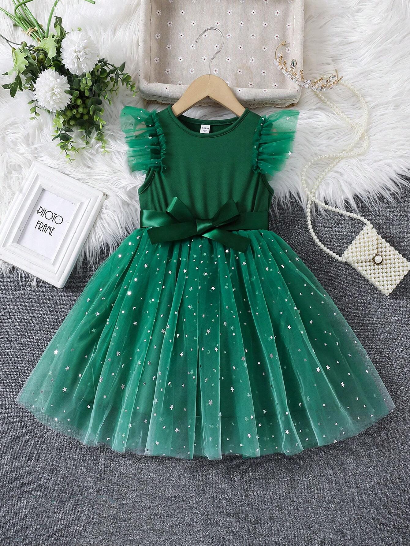Prenda verde vestido para bebe con tul de estrellas vista frontal

