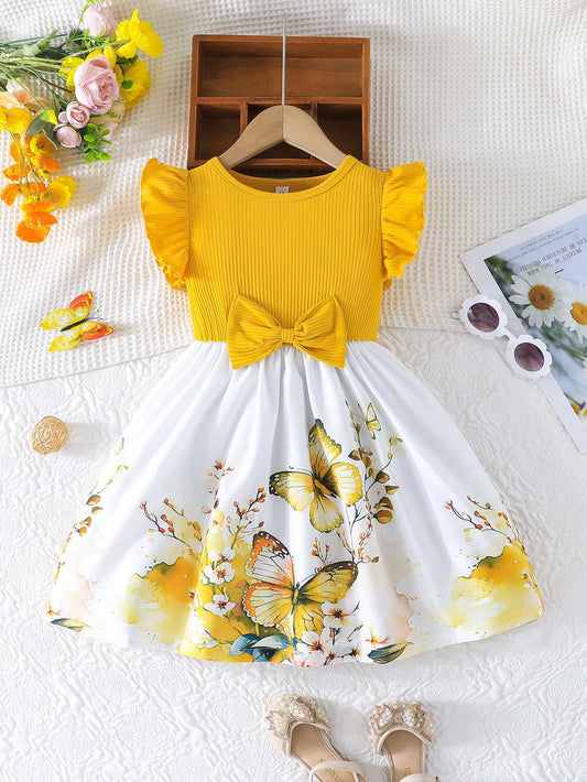 Prenda amarilla vestido para bebe con mariposas y flores vista frontal
