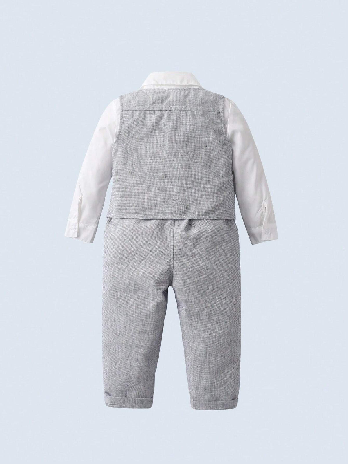 Conjunto formal gris para bebé con chaleco y pantalón, vista posterior.