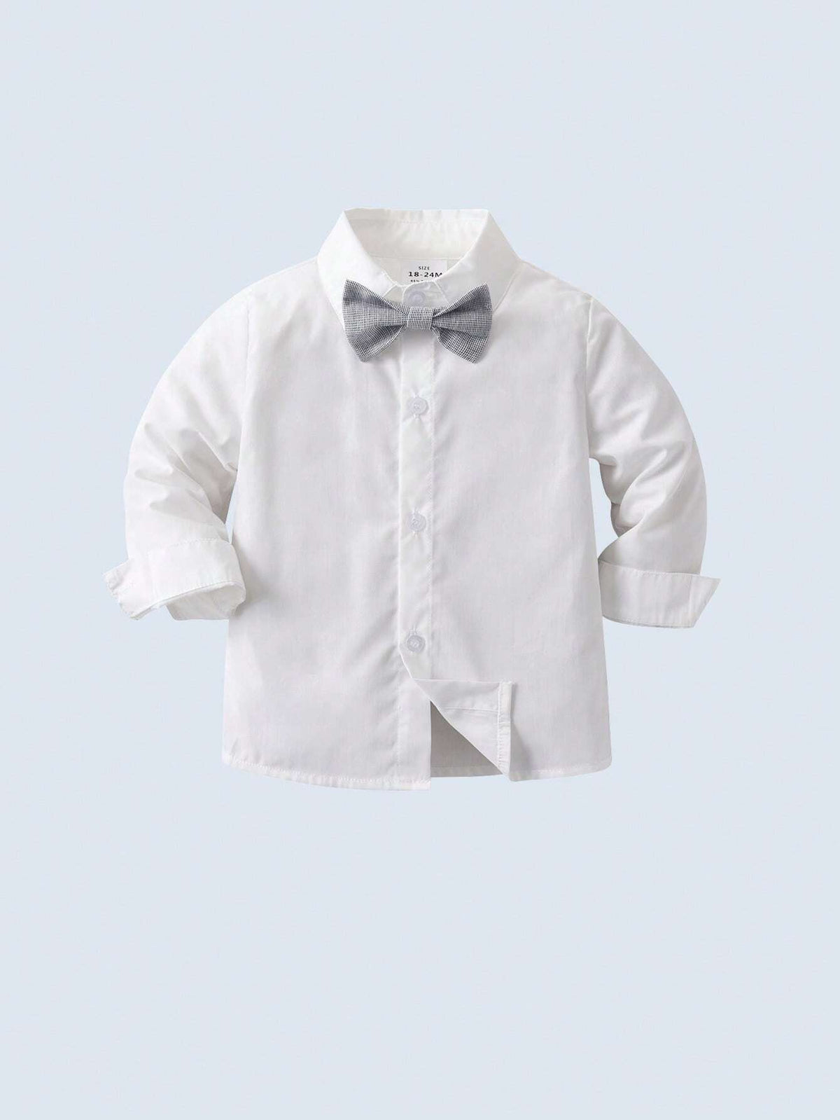 Camisa blanca formal para bebé de manga larga con moño gris y botones.