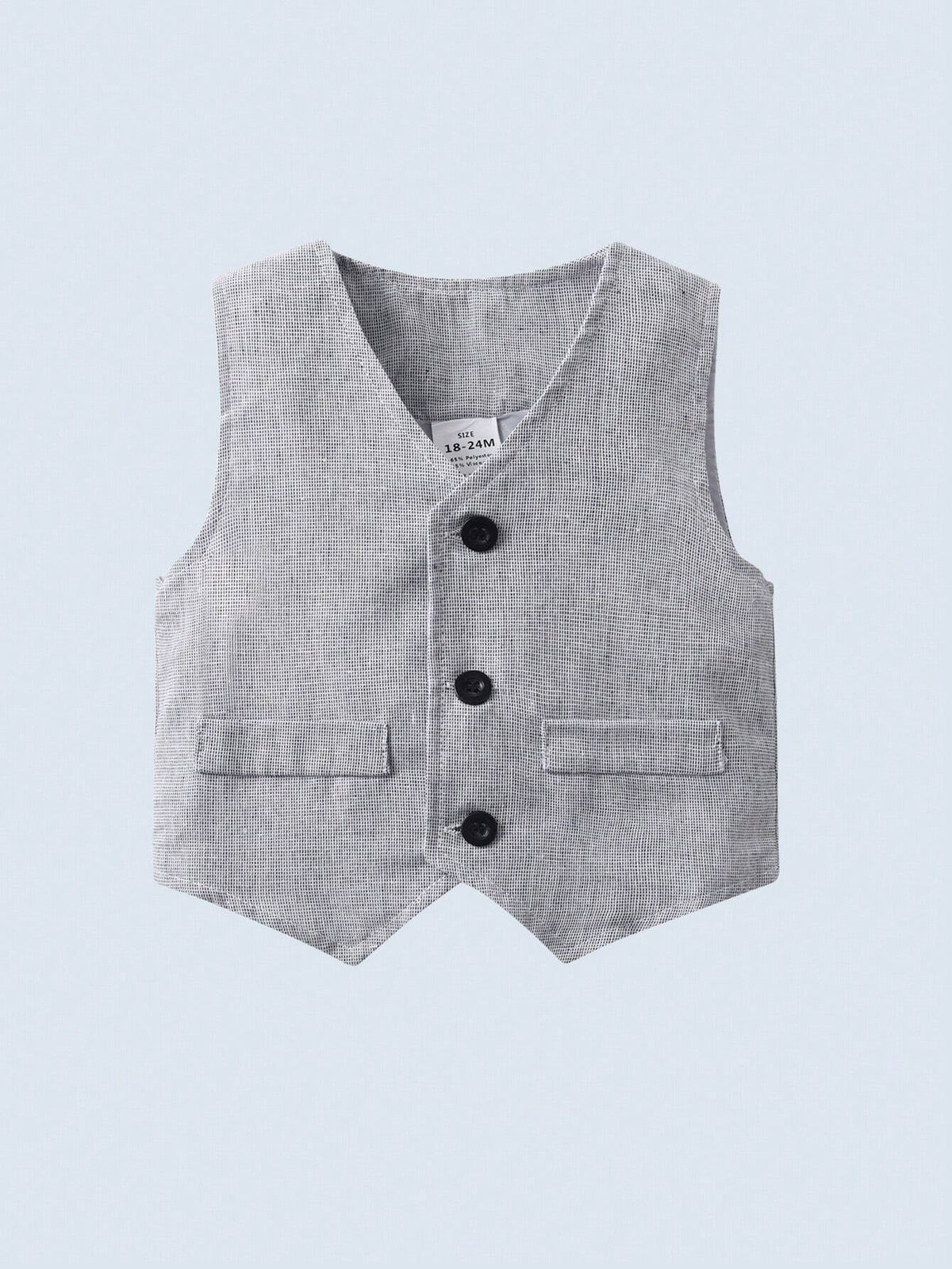 Chaleco gris formal para bebé con tres botones negros y bolsillos decorativos.