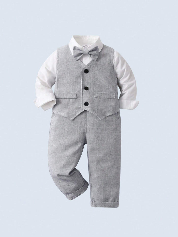Conjunto Formal Gris Con Chaleco Y Moño