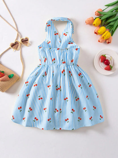 Prenda azul vestido para bebe vista trasera con diseño halter
