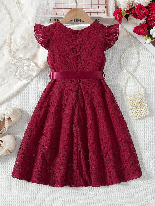 Prenda burdeos vestido de encaje para bebe vista trasera con cinturón