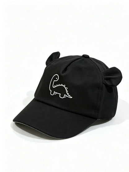 Prenda negra gorra para bebe con dinosaurio y orejitas vista frontal
