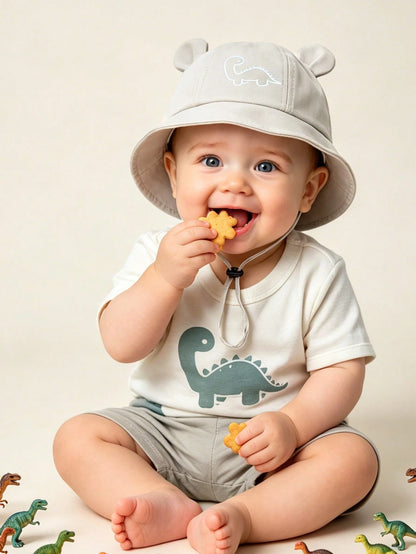Prenda beige claro sombrero de cubo para bebe con dinosaurio durante uso