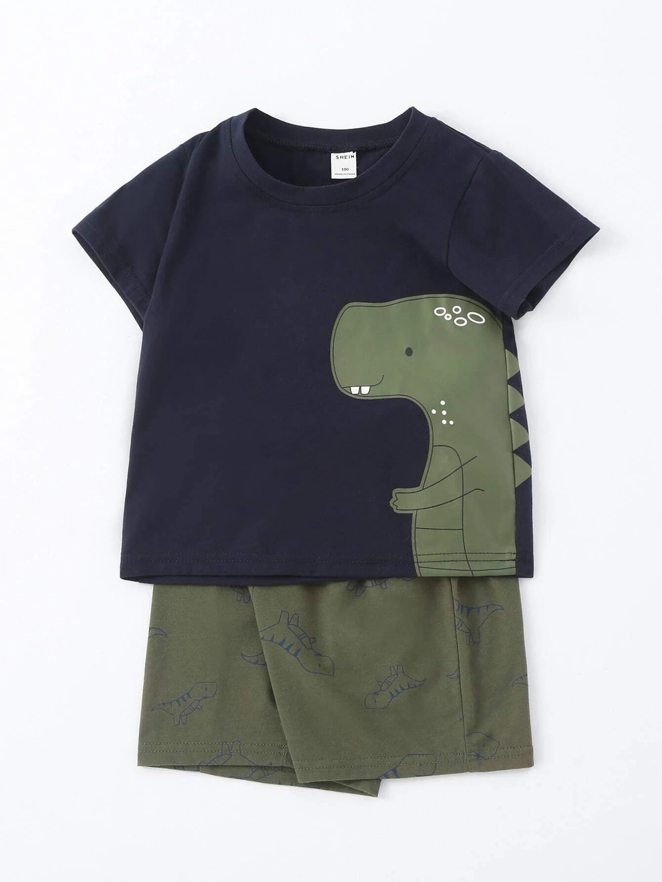 Conjunto Azul Marino de Camiseta Dinosaurio y Shorts para Niño