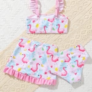 Conjunto de playa multicolor con falda y estampado de flamencos