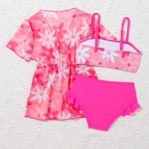 Ropa de playa rosa para bebé niña con kimono y estampado floral