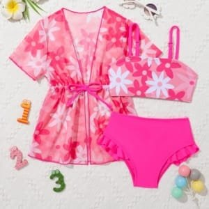 Ropa de playa rosa para bebé niña con kimono y estampado floral