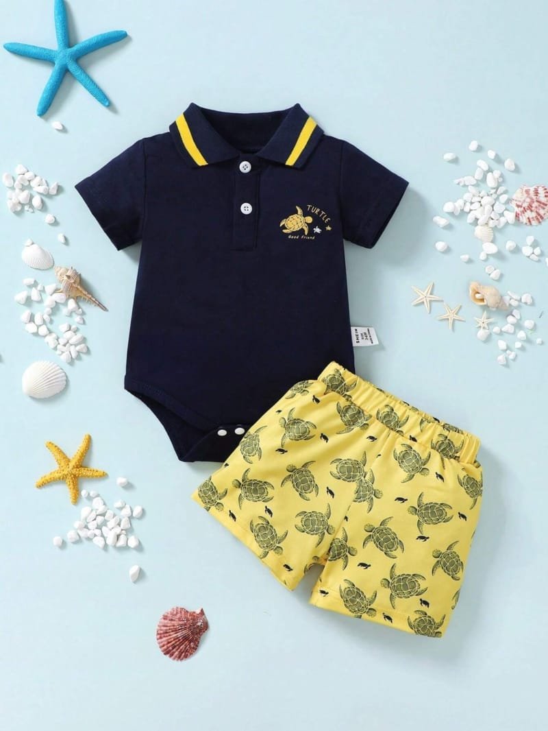 Conjunto de mameluco tipo polo y pantalón corto azul real