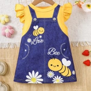 Vestido de Tirantes Amarillo con Estampado de Abeja 1 Pieza