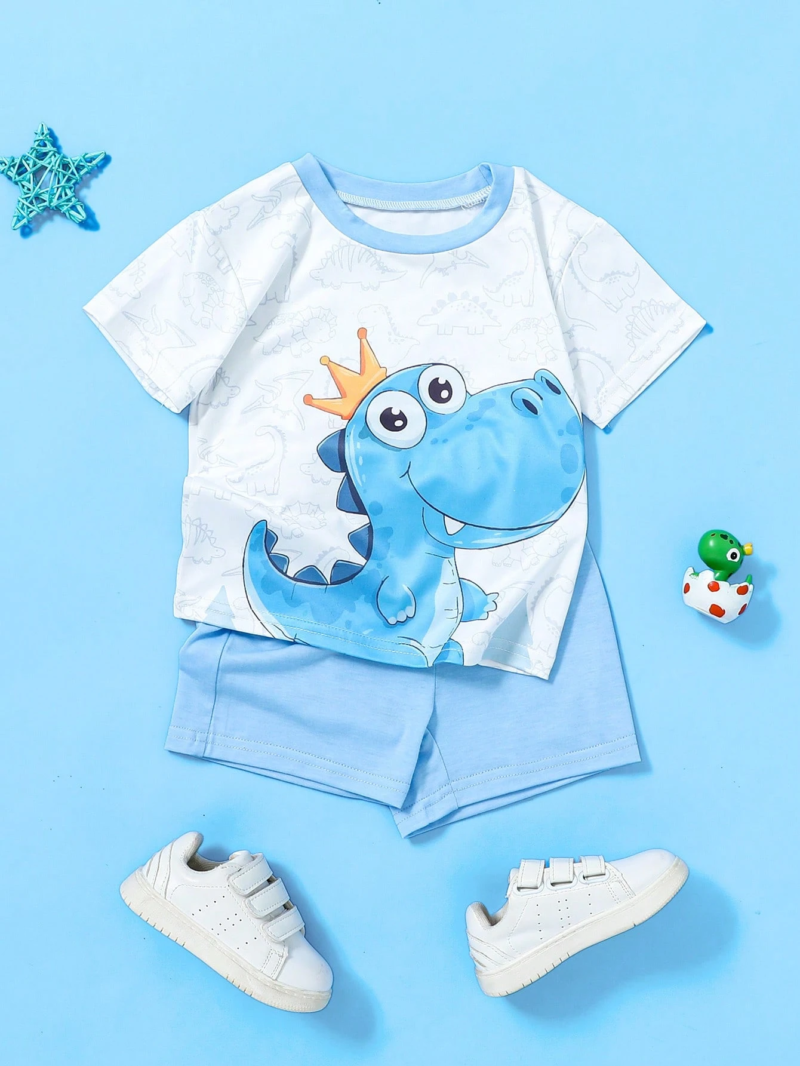 Conjunto Bebé Dinosaurio de Pantalón Corto y Camiseta Celeste