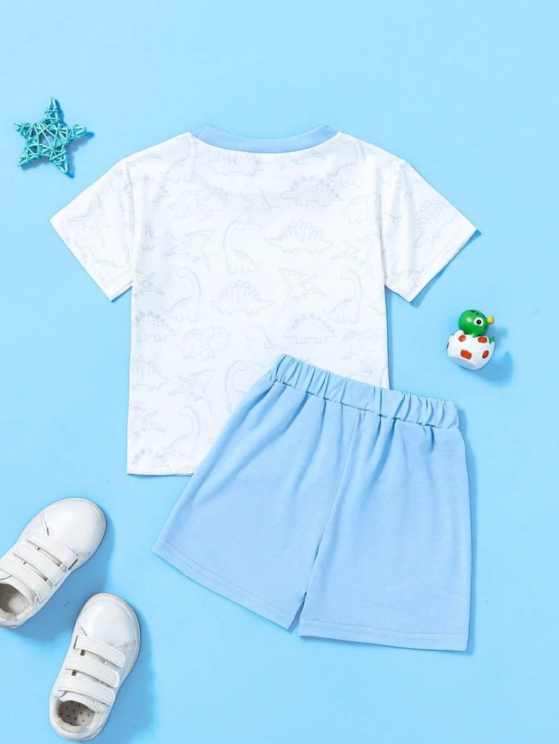 Conjunto Bebé Dinosaurio de Pantalón Corto y Camiseta Celeste