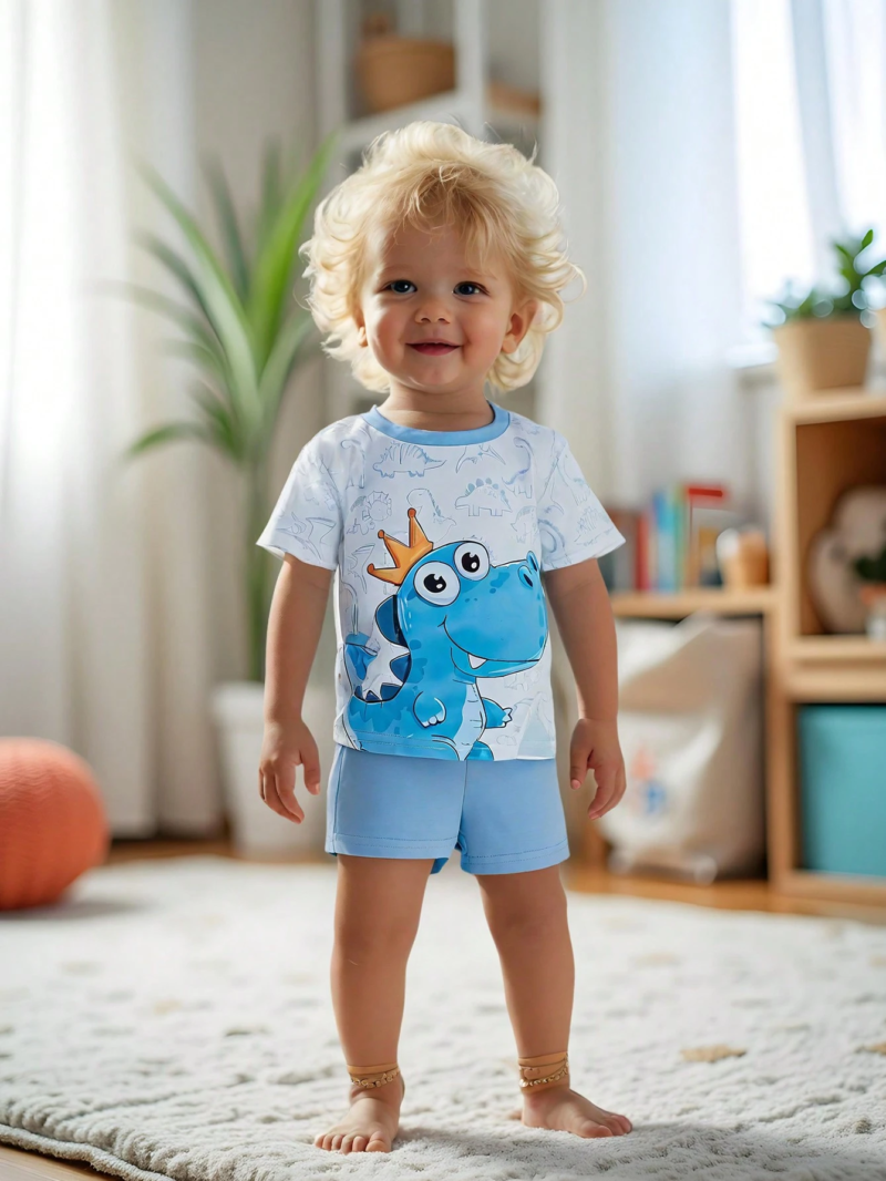 Conjunto Bebé Dinosaurio de Pantalón Corto y Camiseta Celeste