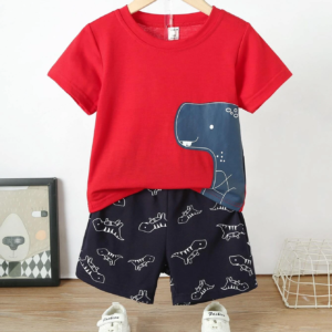 Conjunto Rojo de Camiseta Dinosaurio y Shorts para Niño