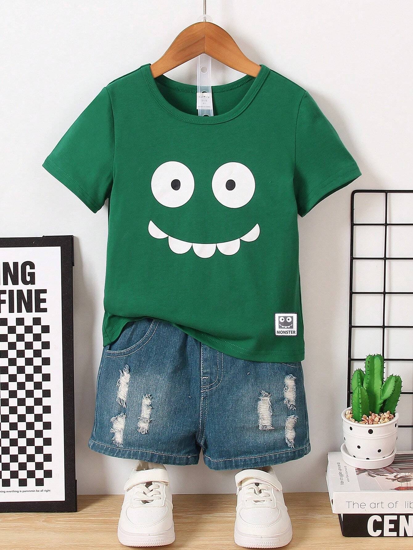 Playera verde para niño con estampado de cara sonriente