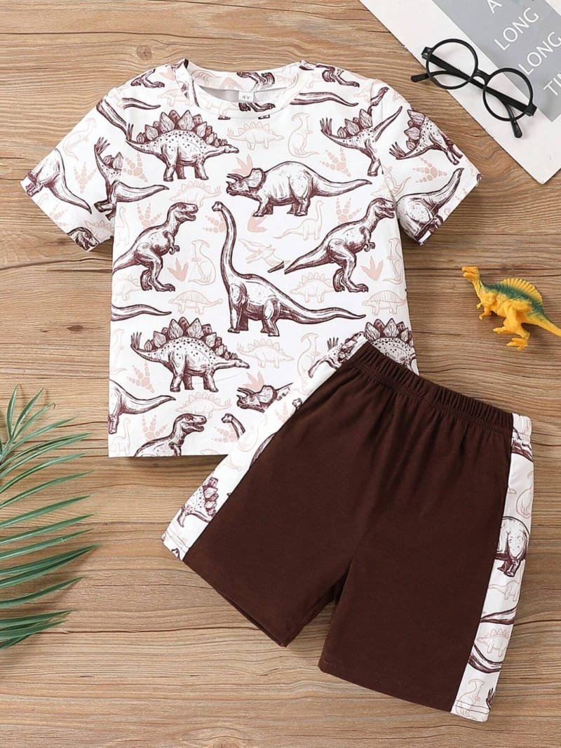 Conjunto marrón de 2 piezas con estampado de dinosaurios