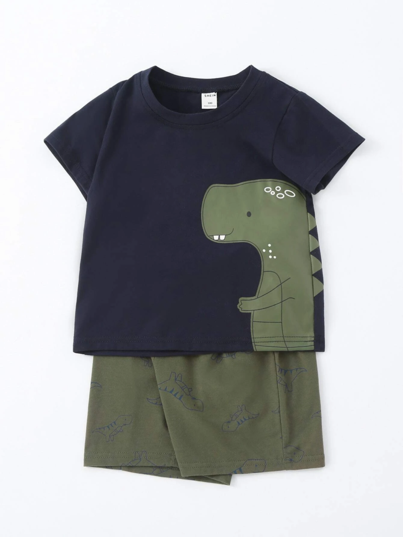 Conjunto Azul Marino de Camiseta Dinosaurio y Shorts para Niño