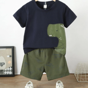 Conjunto Azul Marino de Camiseta Dinosaurio y Shorts para Niño