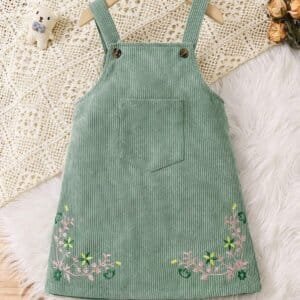 Vestido verde tipo overol con bordado floral bebé (Solo el vestido)