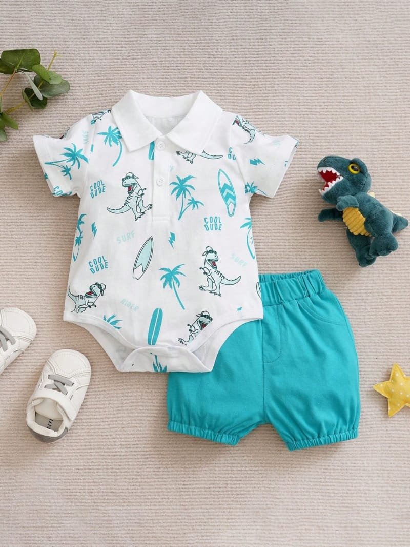 Set azul blanco con dinosaurios para verano
