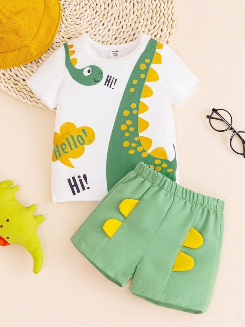 Conjunto amarillo con dinosaurio bebé niño divertido verano
