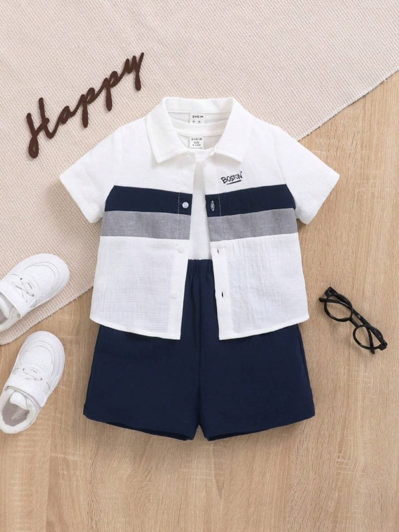 Conjunto azul y blanco para bebé con camisa estampada