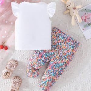 Conjunto blanco con conejo y pantalón floral multicolor