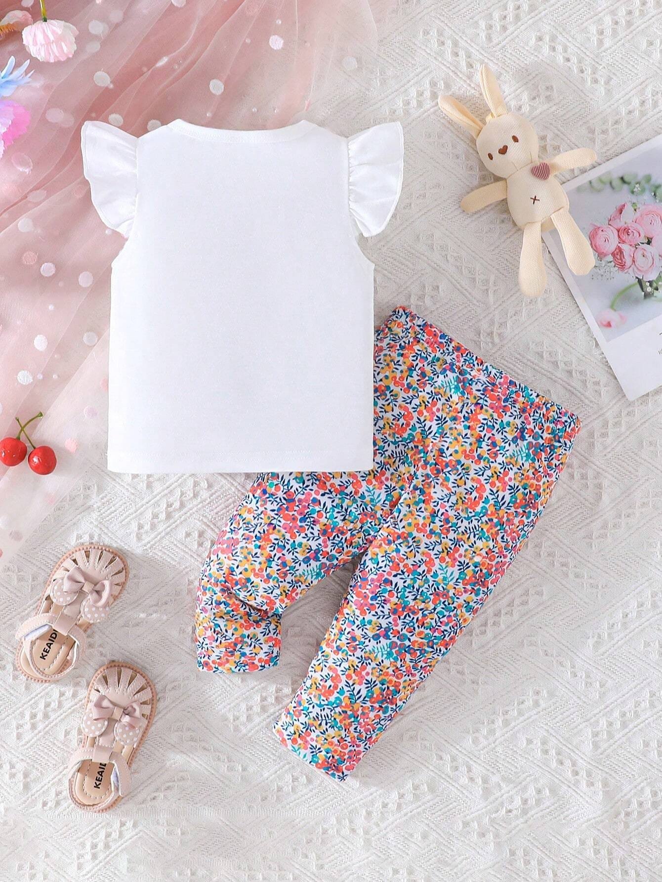Conjunto blanco con conejo y pantalón floral multicolor