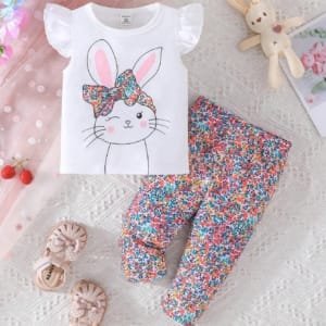 Conjunto blanco con conejo y pantalón floral multicolor
