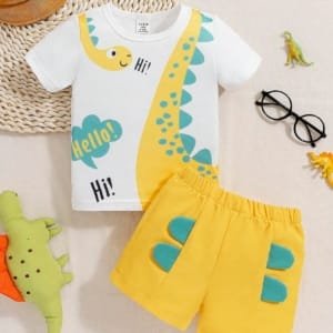 Conjunto amarillo con dinosaurio bebé niño divertido verano