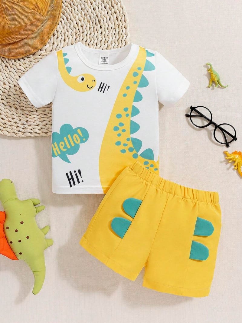 Conjunto amarillo con dinosaurio bebé niño divertido verano