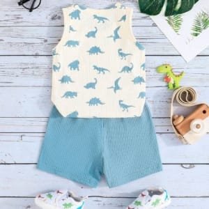 Conjunto azul sin mangas con dinosaurios para bebé niño