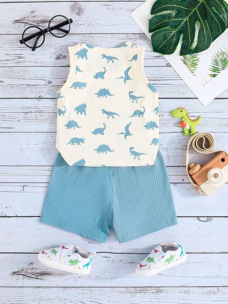 Conjunto azul sin mangas con dinosaurios para bebé niño