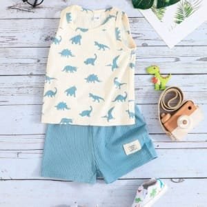 Conjunto azul sin mangas con dinosaurios para bebé niño