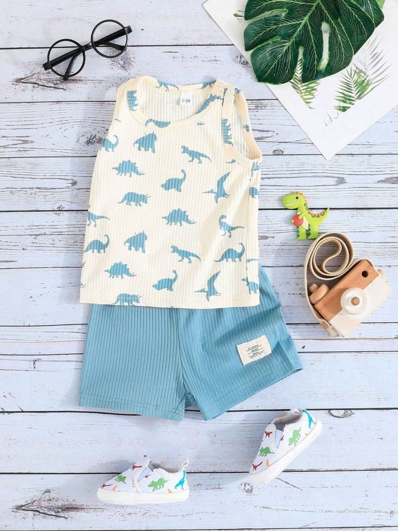 Conjunto azul sin mangas con dinosaurios para bebé niño