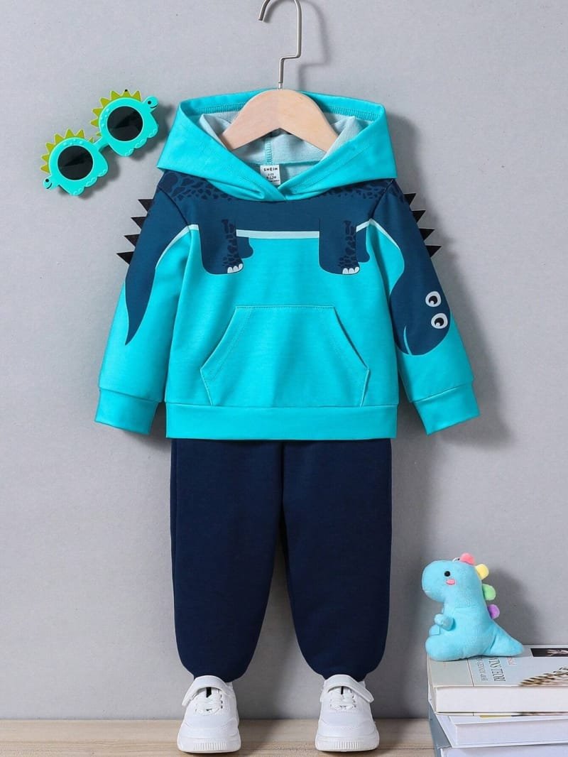 Conjunto azul dinosaurio con capucha y pantalón cálido