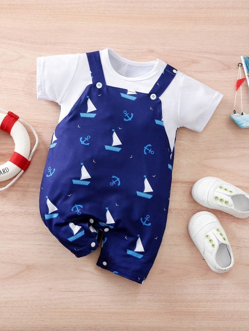 Body azul marino con estampado náutico para bebé (Una pieza)
