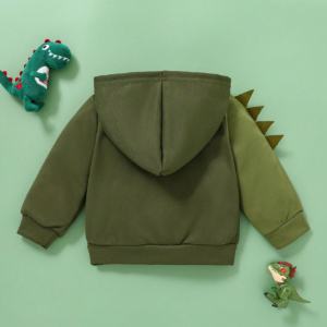 Chaqueta verde oscuro con capucha y dinosaurio divertido