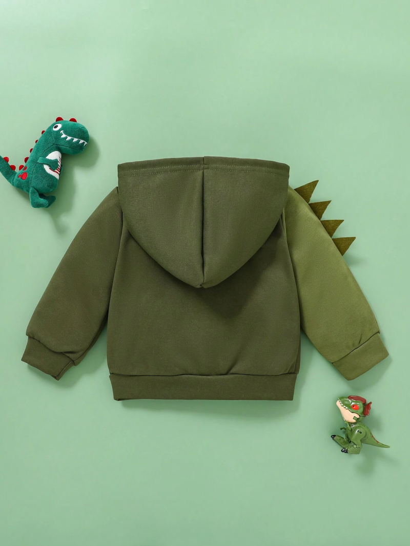 Chaqueta verde oscuro con capucha y dinosaurio divertido