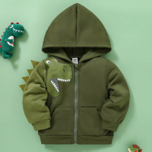 Chaqueta verde oscuro con capucha y dinosaurio divertido