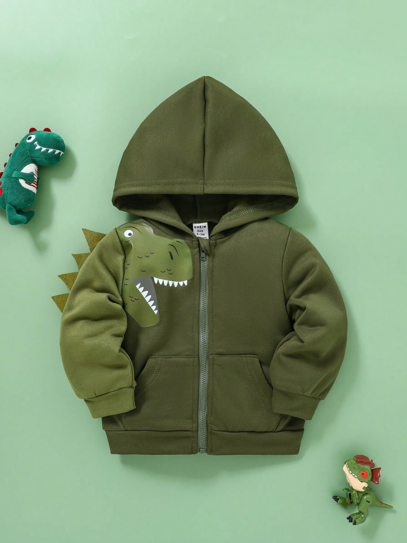 Chaqueta verde oscuro con capucha y dinosaurio divertido