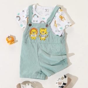 Set verde con leones bordados para bebé niño verano