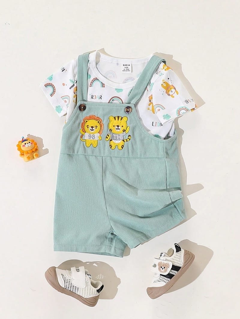Set verde con leones bordados para bebé niño verano