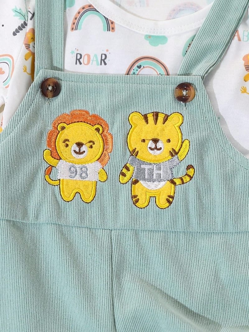 Set verde con leones bordados para bebé niño verano