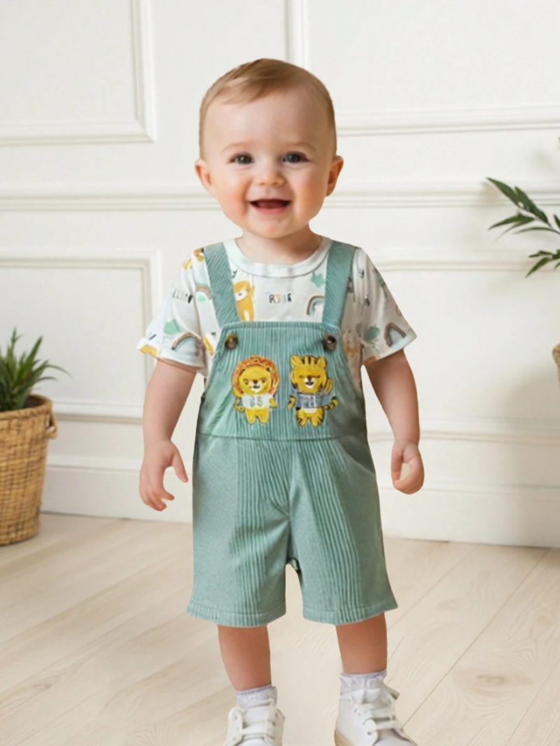 Set verde con leones bordados para bebé niño verano
