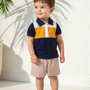 Set azul real con polo color block y short beige